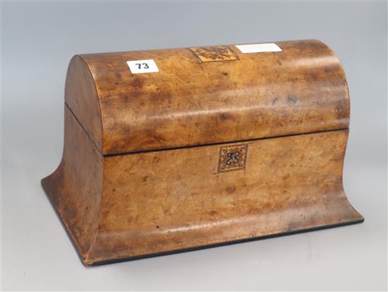 A Victorian walnut Tunbridgeware inset domed topped tea caddy length 35.5cm